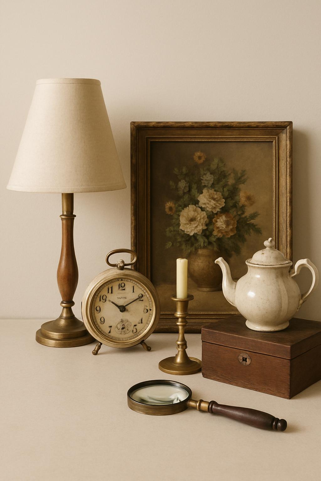 A vintage-themed still life arrangement featuring a lamp, clock, teapot, and other antique objects.
