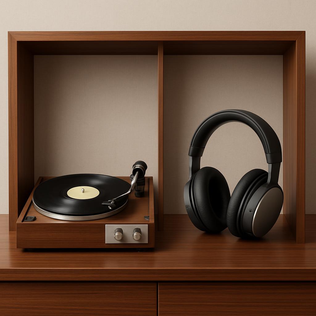 A vinyl record player in a wooden shelf with a pair of headphones placed next to it appears to be playing music spinelessly.