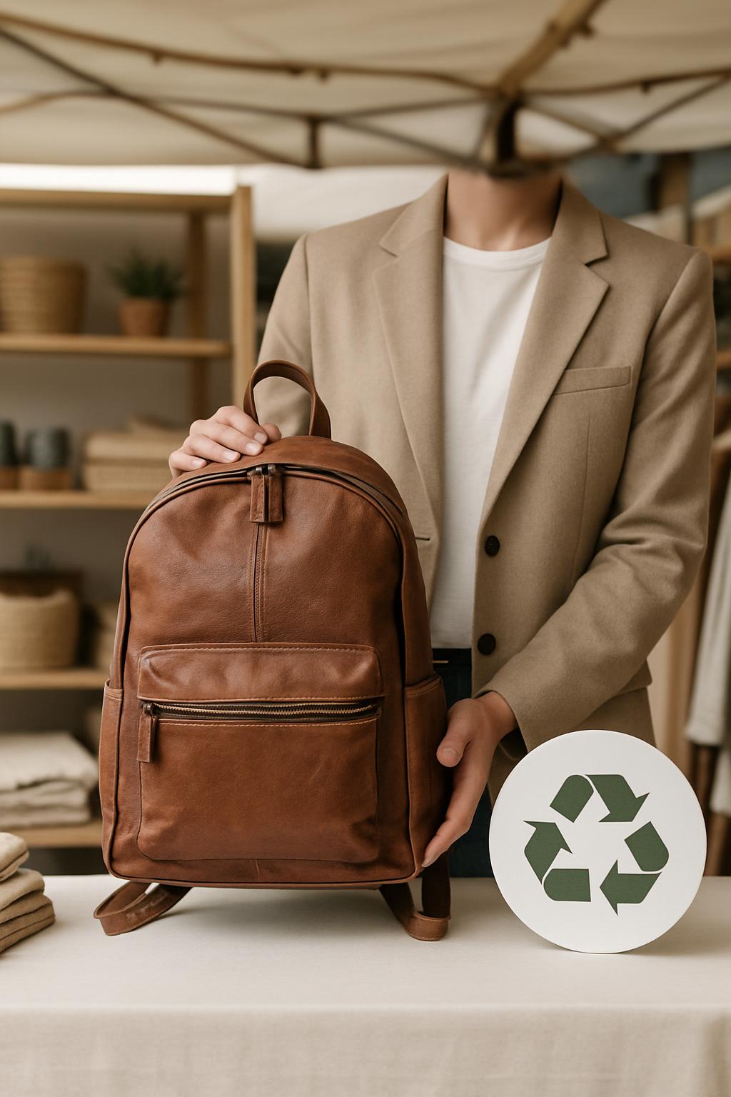 A fair-skinned person wearing a white shirt and tan blazer is holding a brown leather backpack in a store. The person is s...