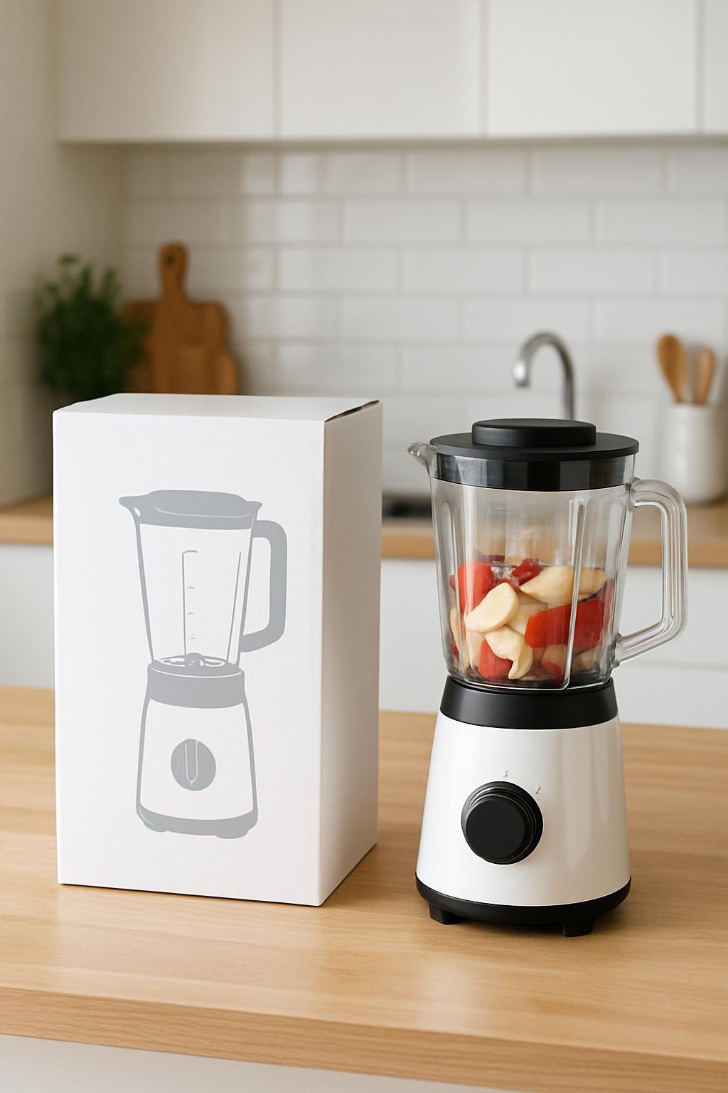 A white box with a gray printed image of a blender that is with the blender placed on a butcherblock counter in a modern k...