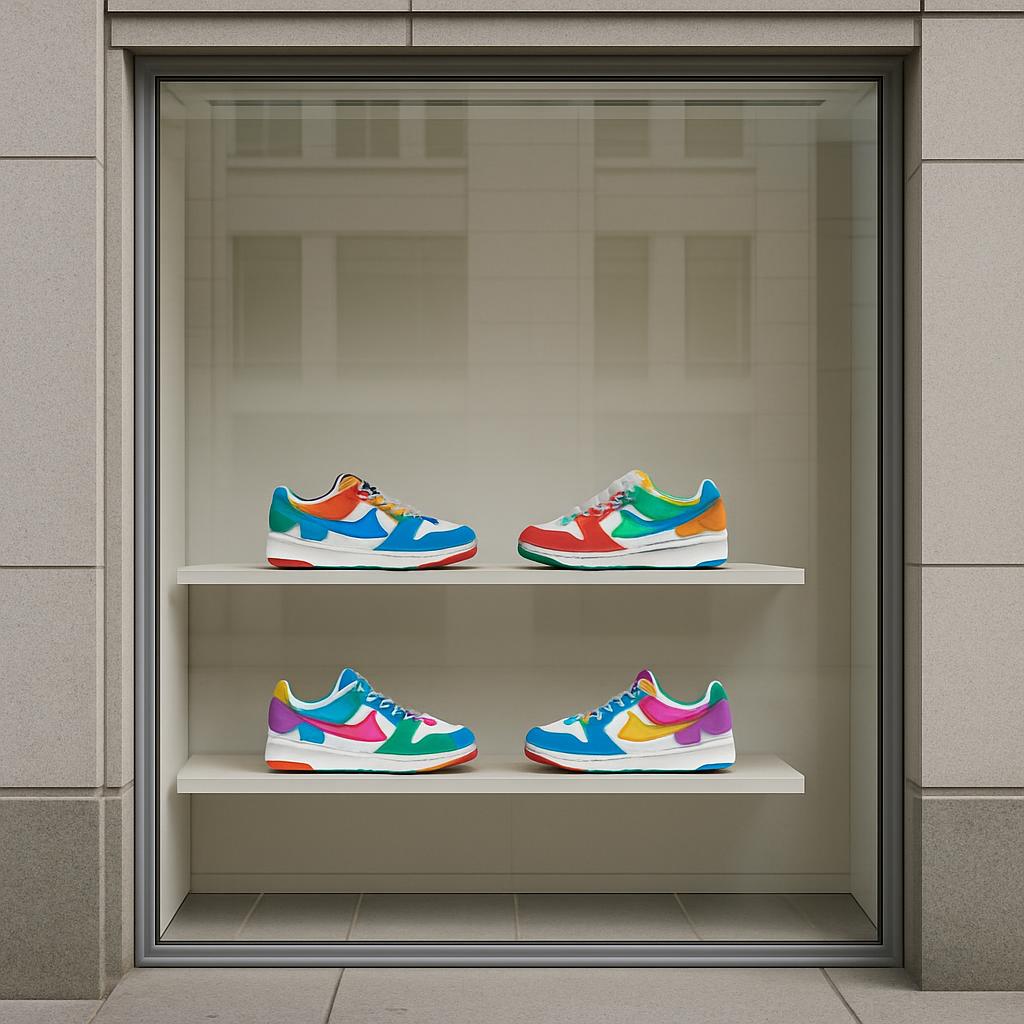 Four pairs of mismatched colorful Nike sneakers placed on display shelves, set against a metropolitan background.