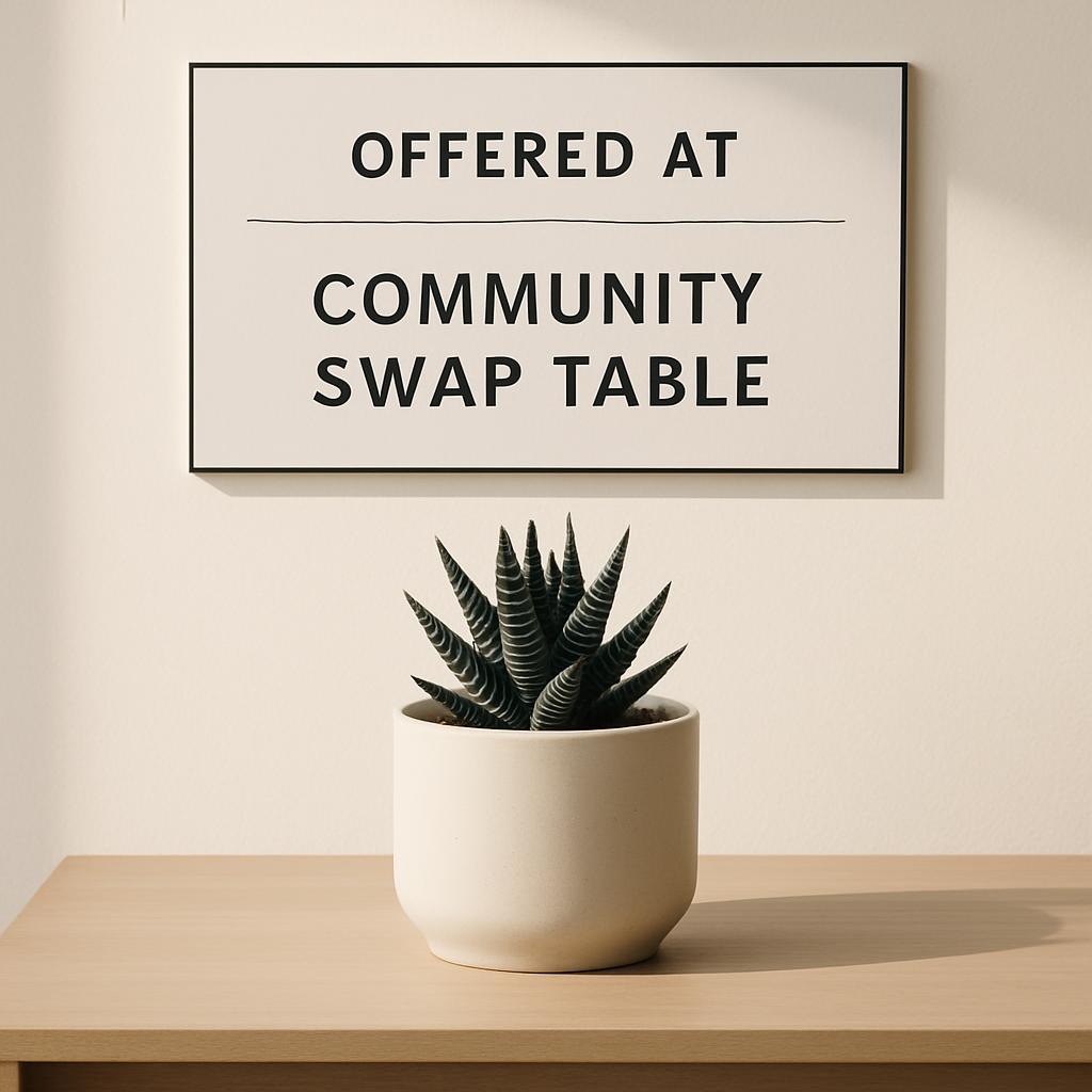 Potted plant on table with sign offering a community swap table.