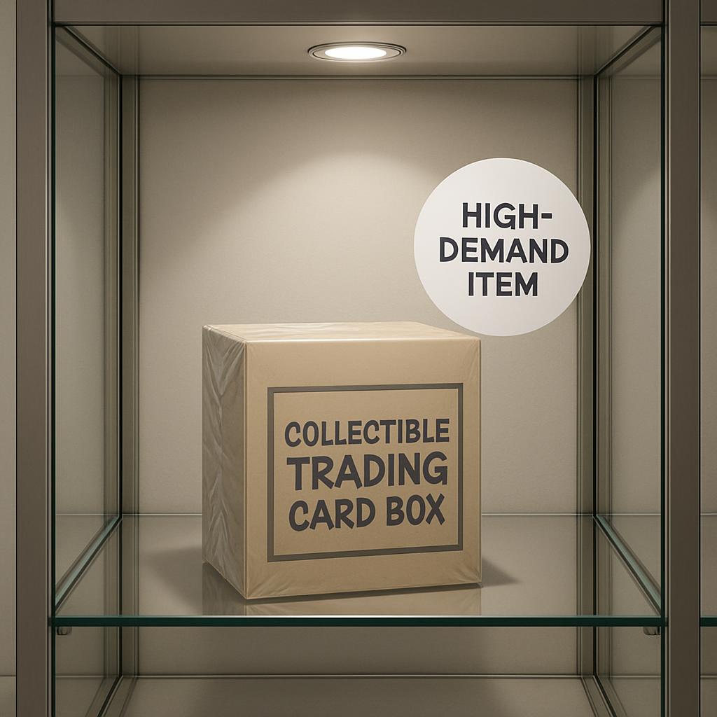 An image of a collectible trading card box displayed in a glass showcase with high-demand indicated.