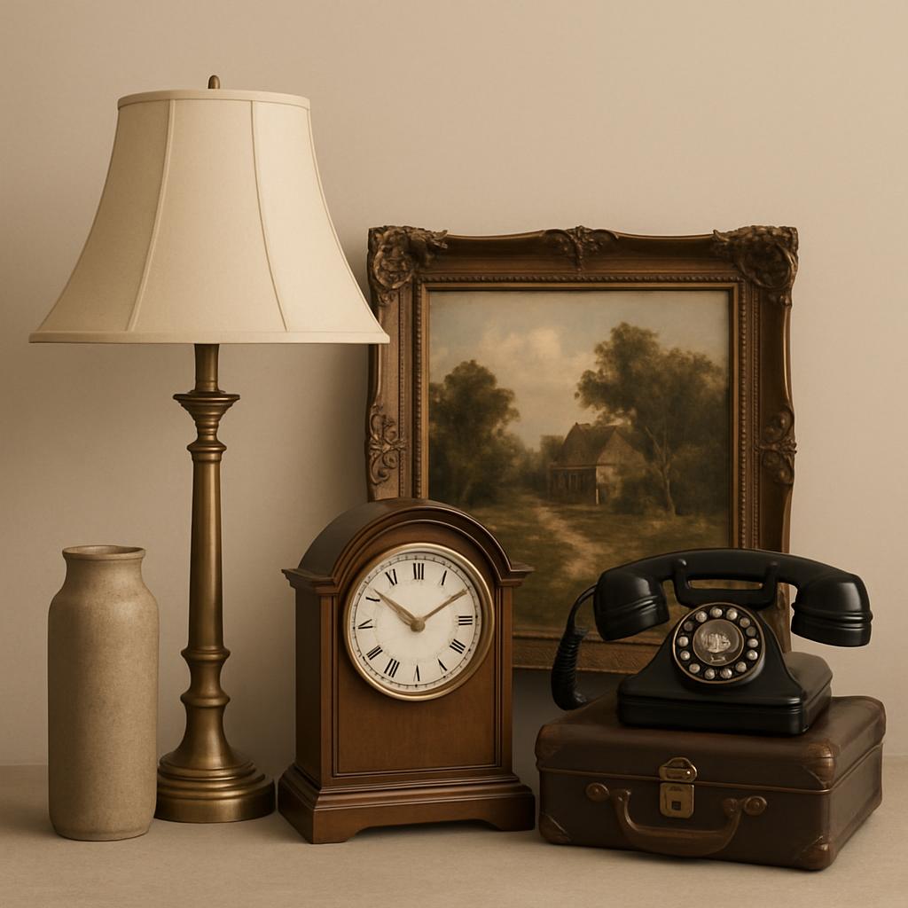Old rotary dial telephone, clock, lamp, and painting in warm vintage coloring.